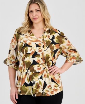 Plus Size Elbow-Sleeve Tie-Neck Peasant Top