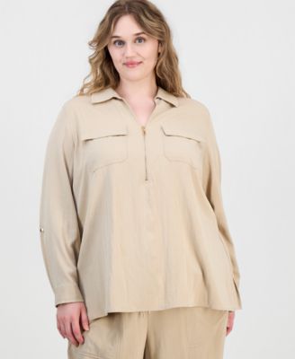 Plus Size Collared Half-Zip Long-Sleeve Top