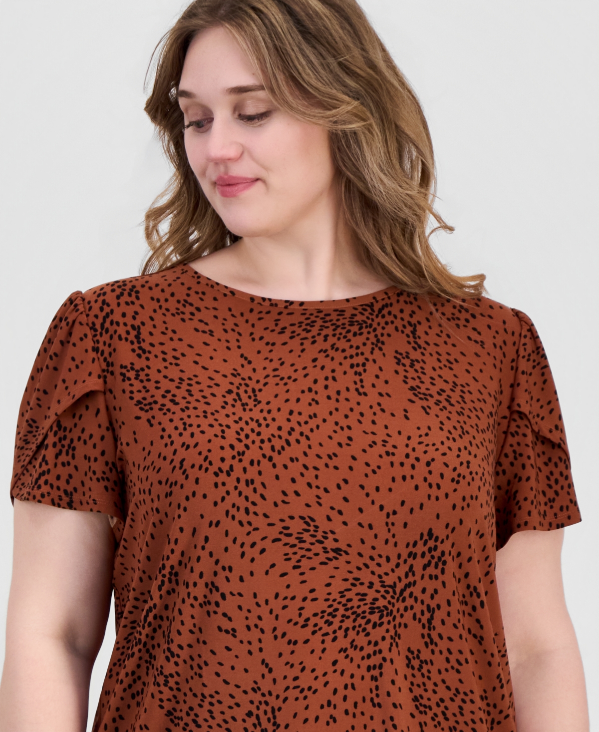 Anne Klein Essentials Plus Size Printed Tulip-Sleeve Top