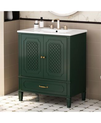 30 Inch Bathroom Vanity with Sink, Acacia Wood Freestanding Cabinet, Soft Closing Door, Ceramic Top, Drawer Storage