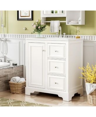 30 Inch Bathroom Vanity with Sink, Solid Wood Frame, Modern Freestanding Cabinet, Soft Close Drawers and Ceramic Top