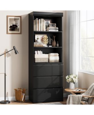 Tall Modern Black Bookcase with 3 Open Shelves and 3 Drawers, Deep Storage Cabinet