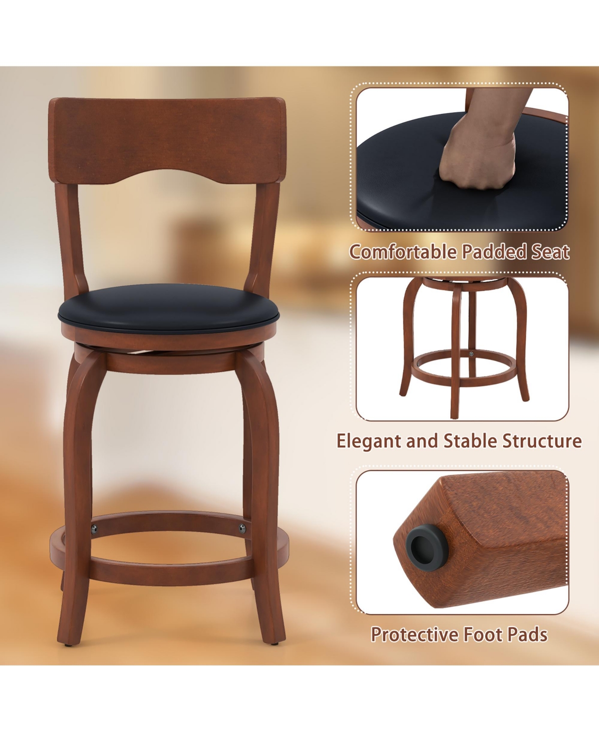 Gymax Swivel Bar Stools Set of w/ Rubber Wood Frame Upholstered Seat Footrest