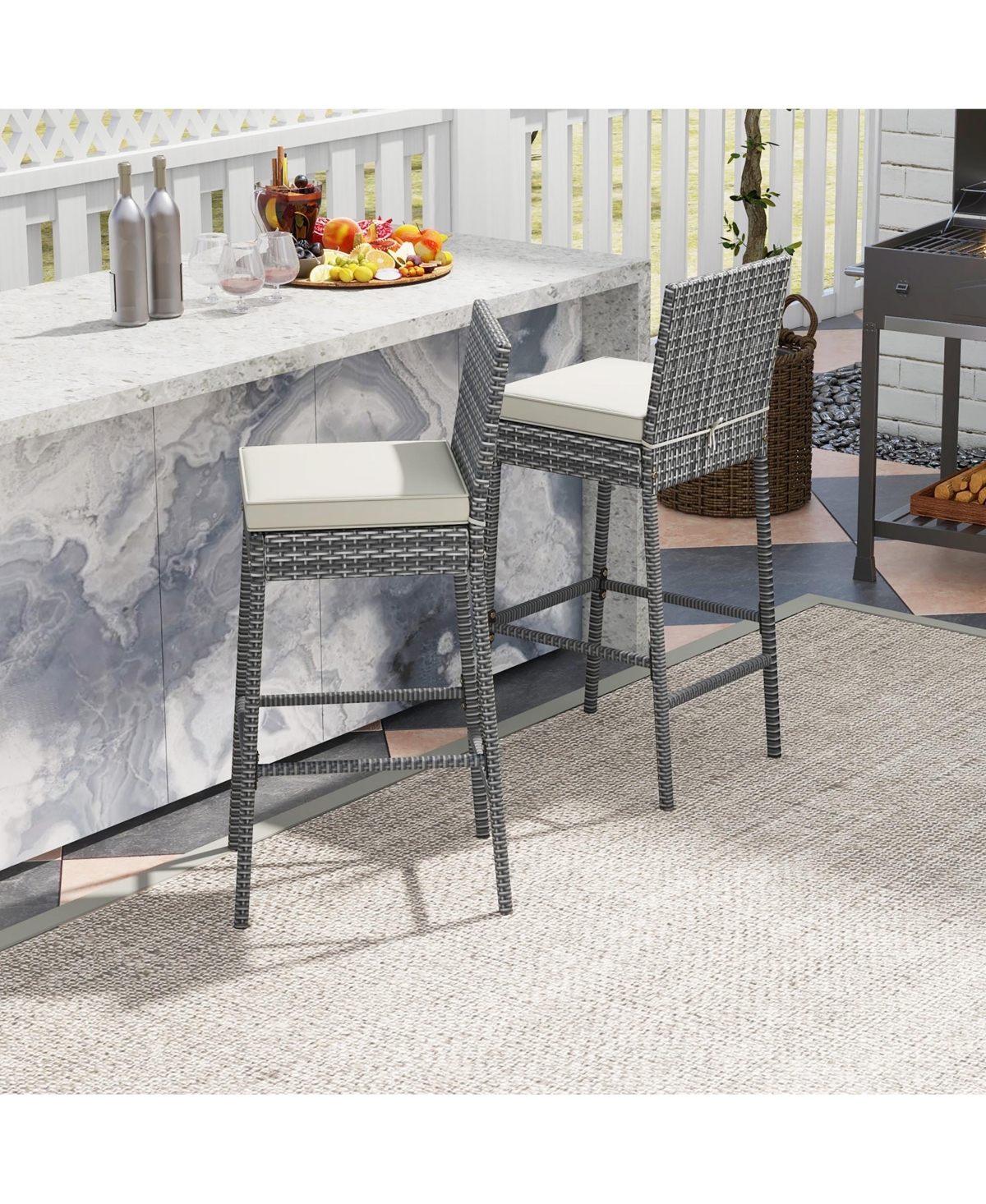 Gymax 4 Pcs Patio Wicker Barstools Bar Height Chairs W/ Cushions Backyard