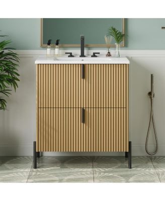 Bathroom Vanity with Sink, Modern Fluted MDF Cabinet, Soft Close Full-Extension Drawers for Small Spaces