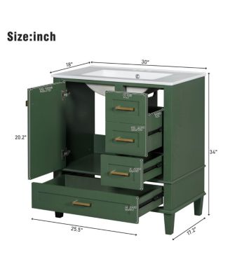 Sage Green Bathroom Vanity with Ceramic Sink, Freestanding Solid Wood MDF Cabinet, 3 Drawers Soft Close Door for Small Bathrooms