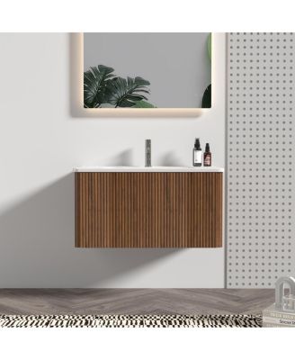 Floating Bathroom Vanity with Integrated Ceramic Sink and Push Open Drawer, Wall Mounted for Small Bathroom