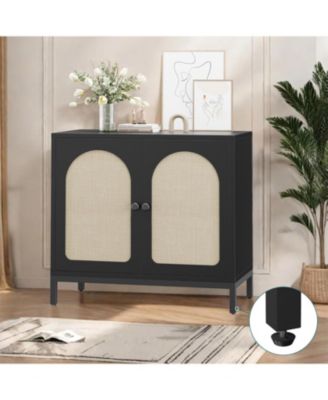 Rattan Sideboard Buffet Cabinet Set of 2, Boho Accent Kitchen Storage Liquor Bar Console Cabinet with Adjustable Shelf for Living Room, Hallway