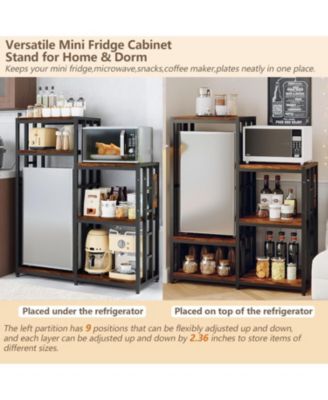 Tier Adjustable Mini Fridge Stand with Storage Shelf, Heavy Duty Kitchen Rack with 3 Power Outlets And Air Switch, Microwave and Coffee Bar