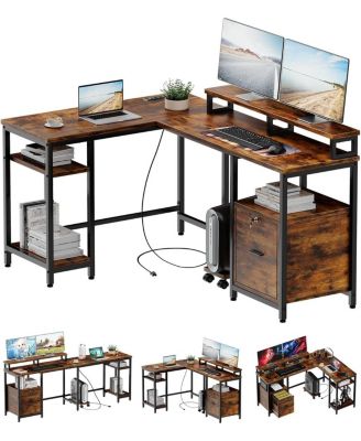 67" L Shaped Computer DeskPc Desk Gaming Desk with File Drawer, with Power Outlet, 2 Monitor Stands, Adjustable Storage Shelf, Writing Desk
