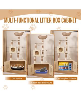 Cat Tree with Litter Box Enclosure, Hidden Washroom Litter Box Tree with Sisal Scratching Post and Soft Plush Perch, Wooden Cat Furniture