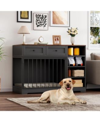 Dog Crate Furniture 47", Large Dog Crate TV Stand with 2 Drawers and 4 Shelves, Wooden Dog Kennel Indoor, Decorative Dog Cage
