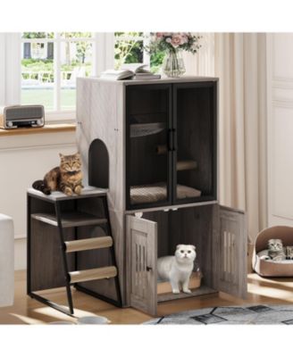 Cat Litter Box Furniture, 2 Tier Enclosed Litter Box Furniture with Doors, Hidden Storage and Ladder