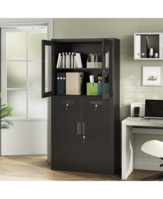 71 Inch Tall Metal Garage Storage Cabinet with Glass Doors, 2 Lockable Drawers, 2 Adjustable Shelves, Lockable Steel Doors