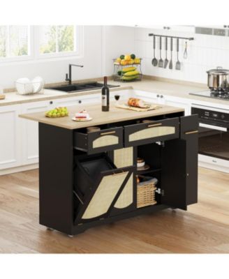 Rattan Rolling Kitchen Island Table on Wheels with Drop Leaf, Tilt Out Trash Can Cabinet with 2 Door, Storage Cabinet, 2 Drawer, Spice Rack