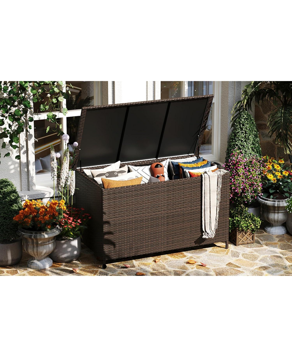 gaomon Gallon Outdoor Storage Box with Wheels - Large Wicker Rattan Deck for Patio Cushions, Garden Tools