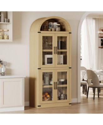 71" Arched Farmhouse Bookshelf with Glass Doors and Drawers, Rounded Storage Cabinet
