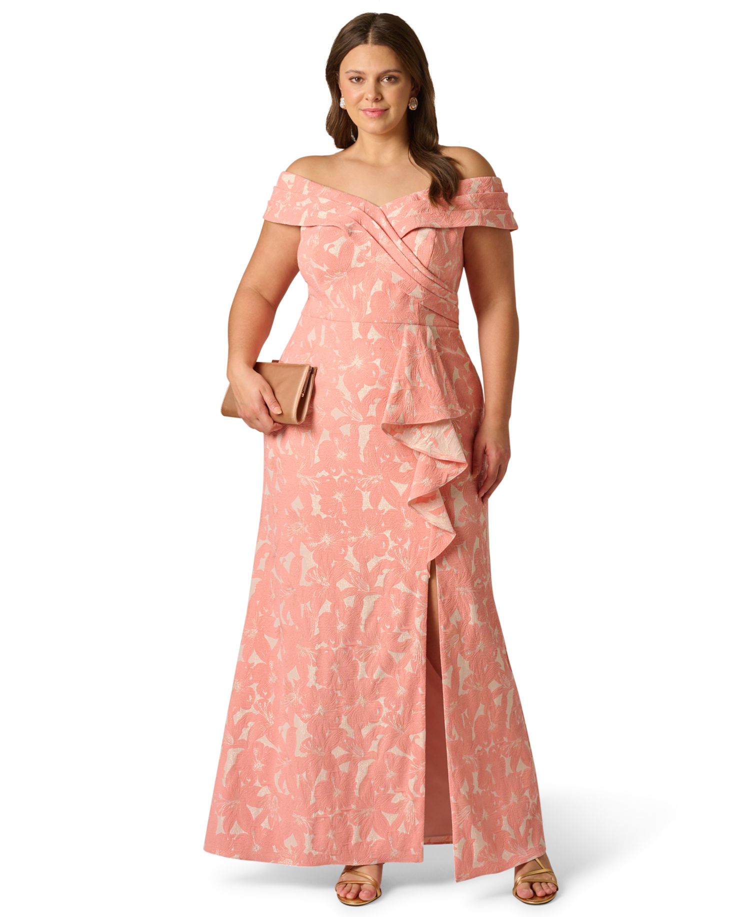 Plus Size Off-The-Shoulder Floral Jacquard Gown