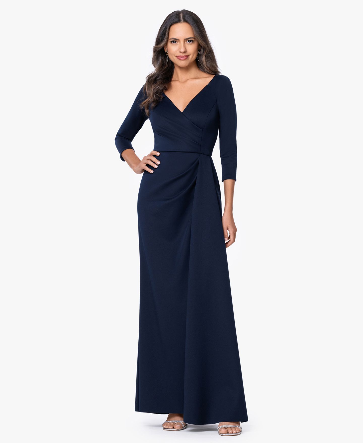 Женские платья XSCAPE 3/4-Length-Sleeve V-Neck Gown, цвет: Тёмно-синий — фото 1
