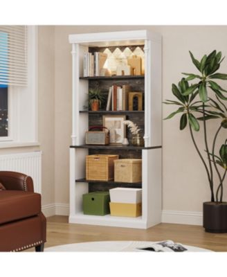 5 tier open bookcase with Roman column design, LED lights, adjustable wood grain shelves, freestanding display storage.