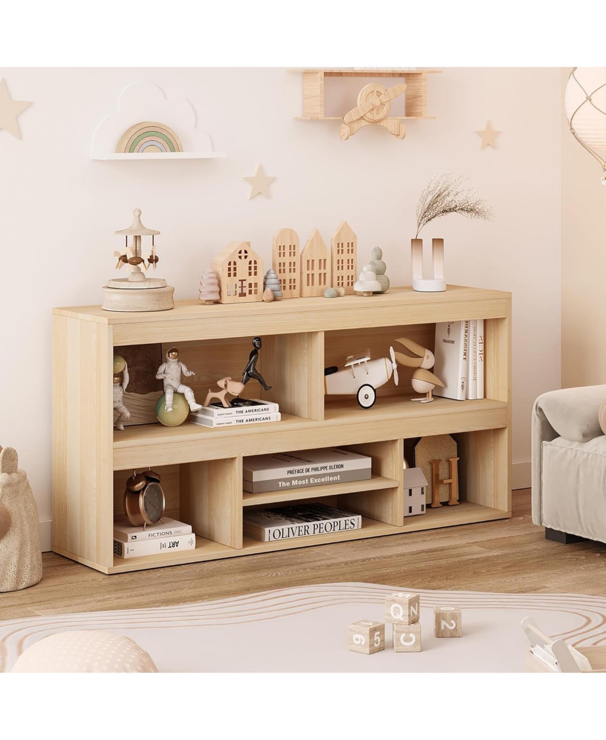 gaomon Kids Bookshelf with Drawer and 5-Cube Storage, Wooden Toy Organizer for Playroom and Nursery