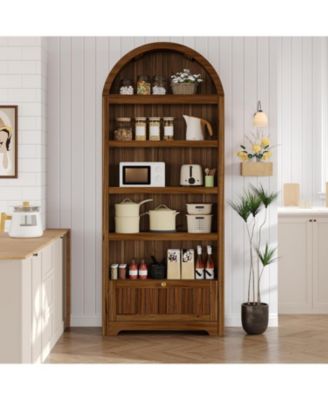 71" Tall Arched Pantry Cabinet, 6-Tier Freestanding Bookshelf with Drawer and Anti-Tip