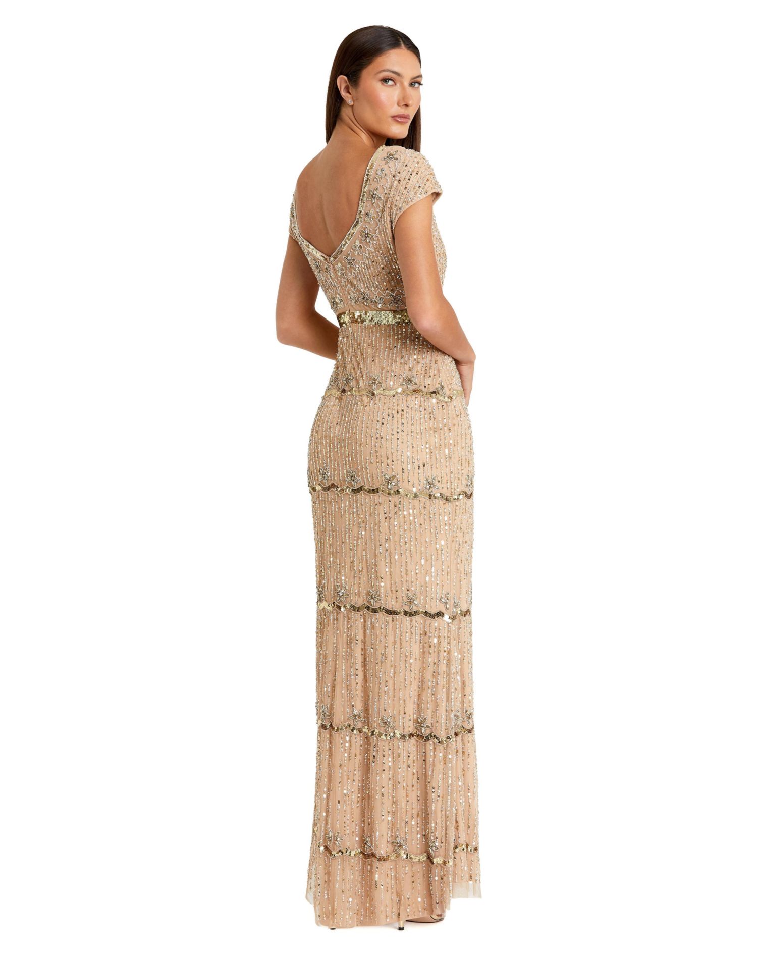 Women's Petite Beaded Sweetheart Cap Sleeve Tiered Gown