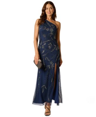 Women's One-Shoulder Floral Sequin Beaded Gown