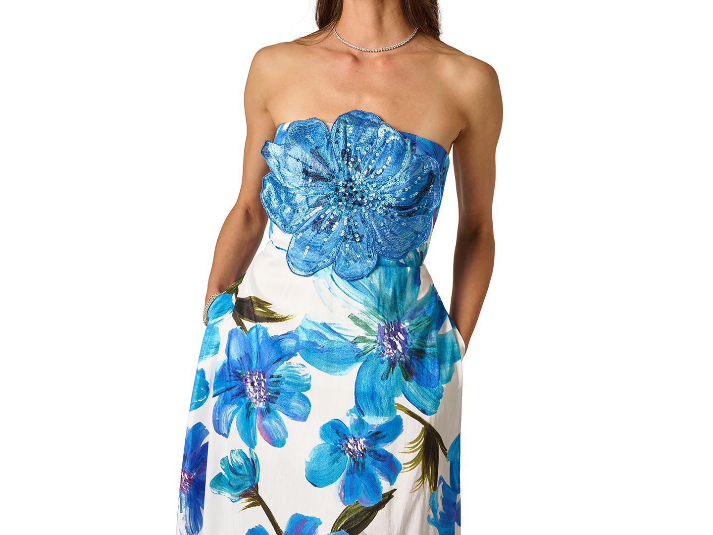 Женские платья Adrianna Papell Strapless 3D Floral Beaded Gown, цвет: Слоновая кость / Синий разноцветный — фото 3