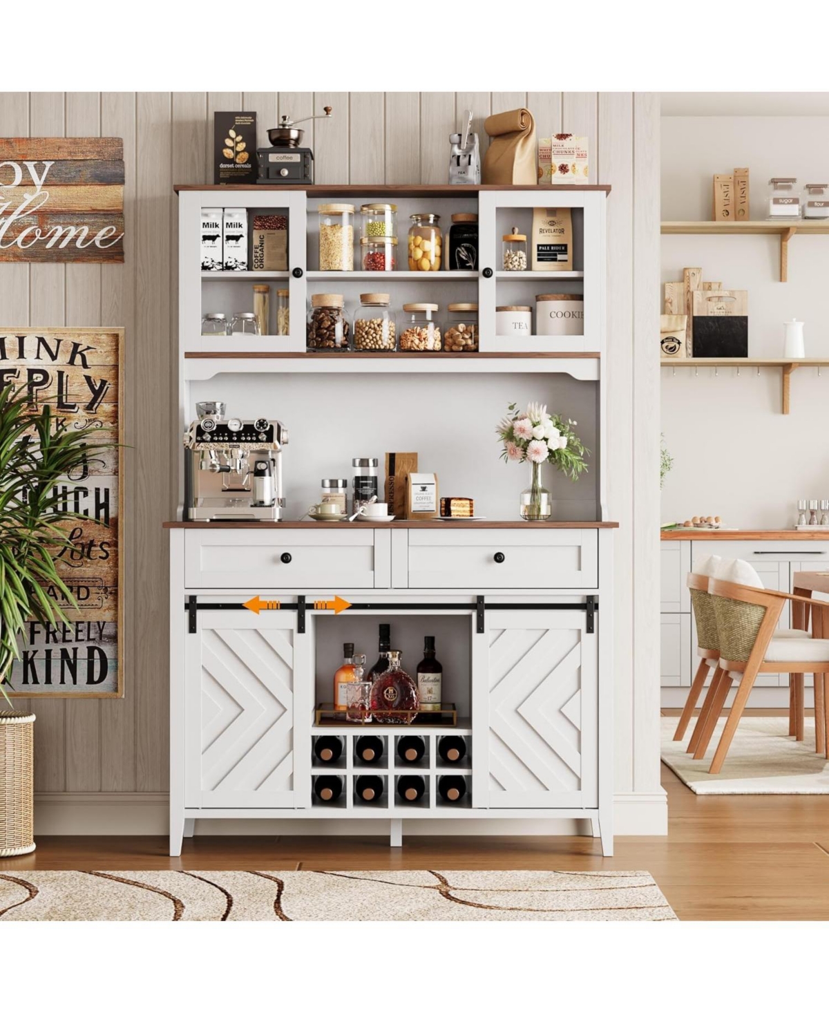 gaomon 72" Farmhosue Bar Cabinet with Sliding Barn Door, Large Kitchen Buffet with Hutch Wine with Charging Station, 2 Drawers, 8 Storage Shelves