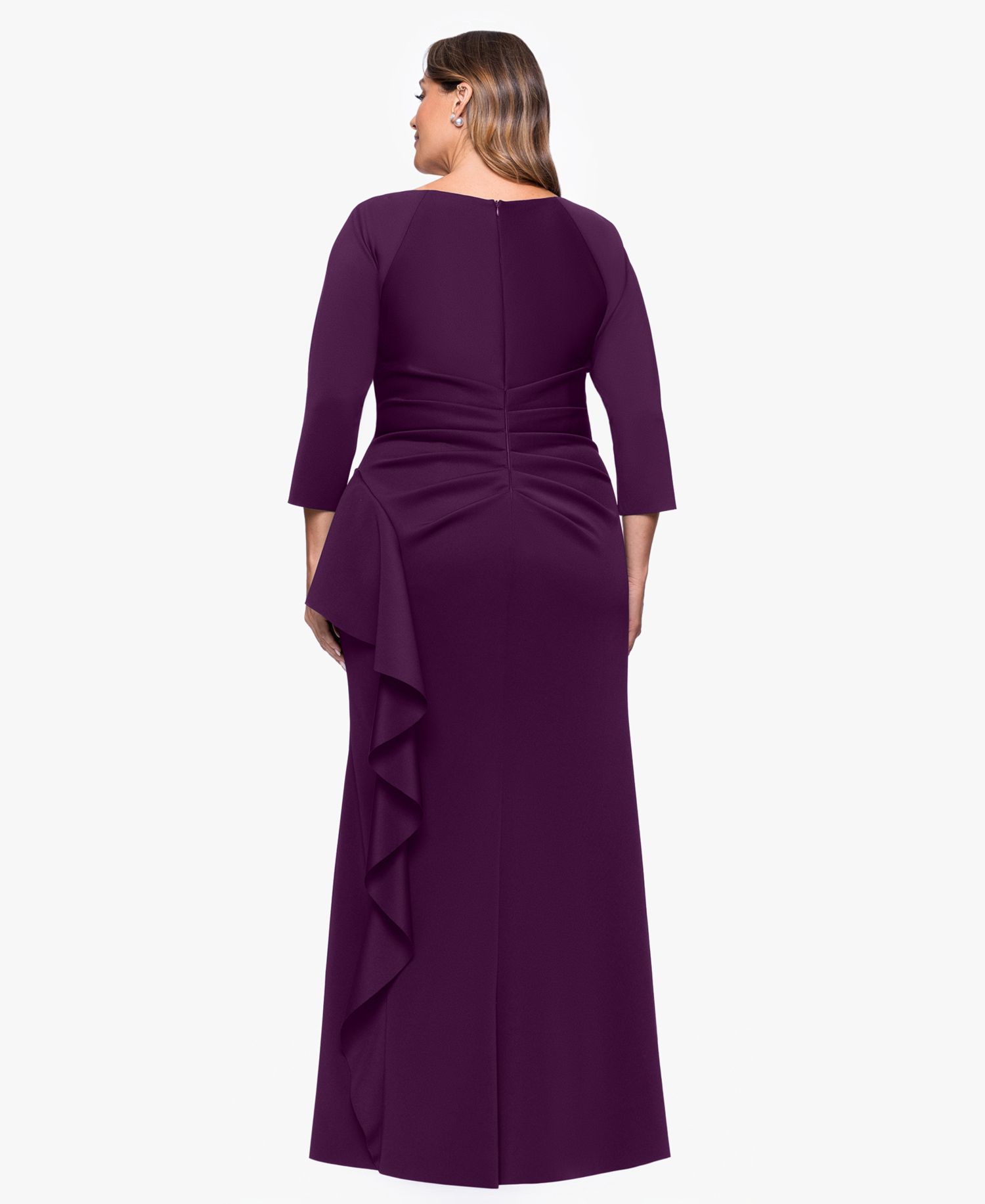 Plus V-Neck Ruffled Side-Slit Scuba Gown
