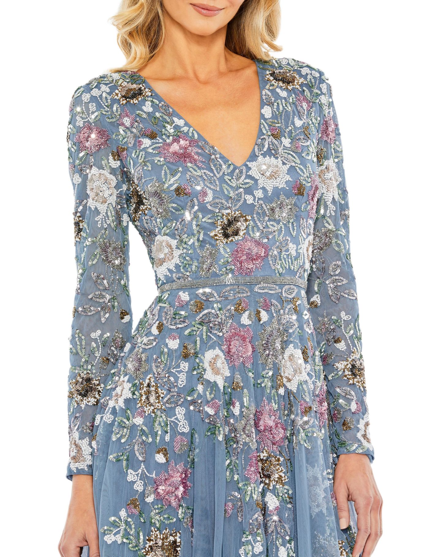 Женское платье Mac Duggal Hand Embellished Floral V Neck Long Sleeve, цвет: Сланцевый синий разноцветный — фото 3