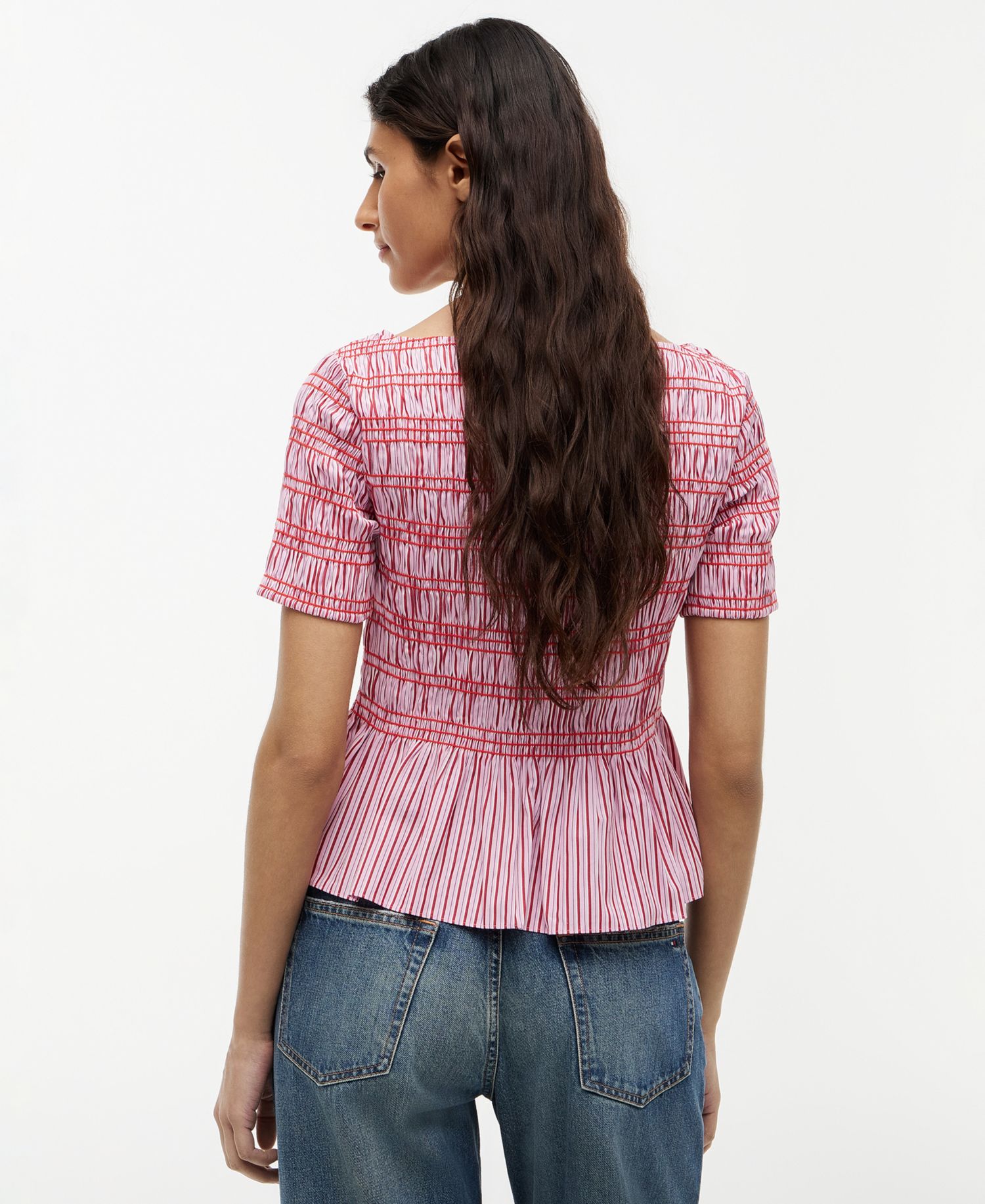 Women's Smocking Striped Boat Neck Cotton Top
