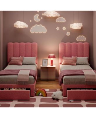 Set of 2 Twin Upholstered Bed Frames with Drawer and Wave Headboard, Kids Platform Design