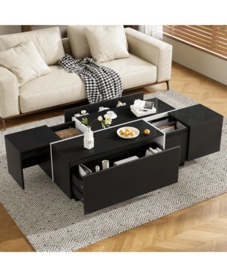 Extendable Coffee Table - High-Gloss Finish, 2 Hidden Storage Space and 2 Drawers, Multi-Functional Center Table for Living Room