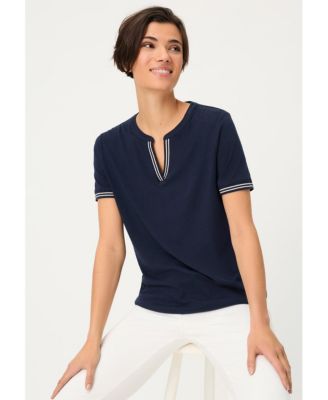 Women's Split Neck T-Shirt with Stripe Trim