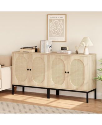 Rattan Sideboard Set of 2, Accent Storage Cabinet with 2 Doors and Adjustable Shelf, Boho Buffet Cabinet with Metal Legs
