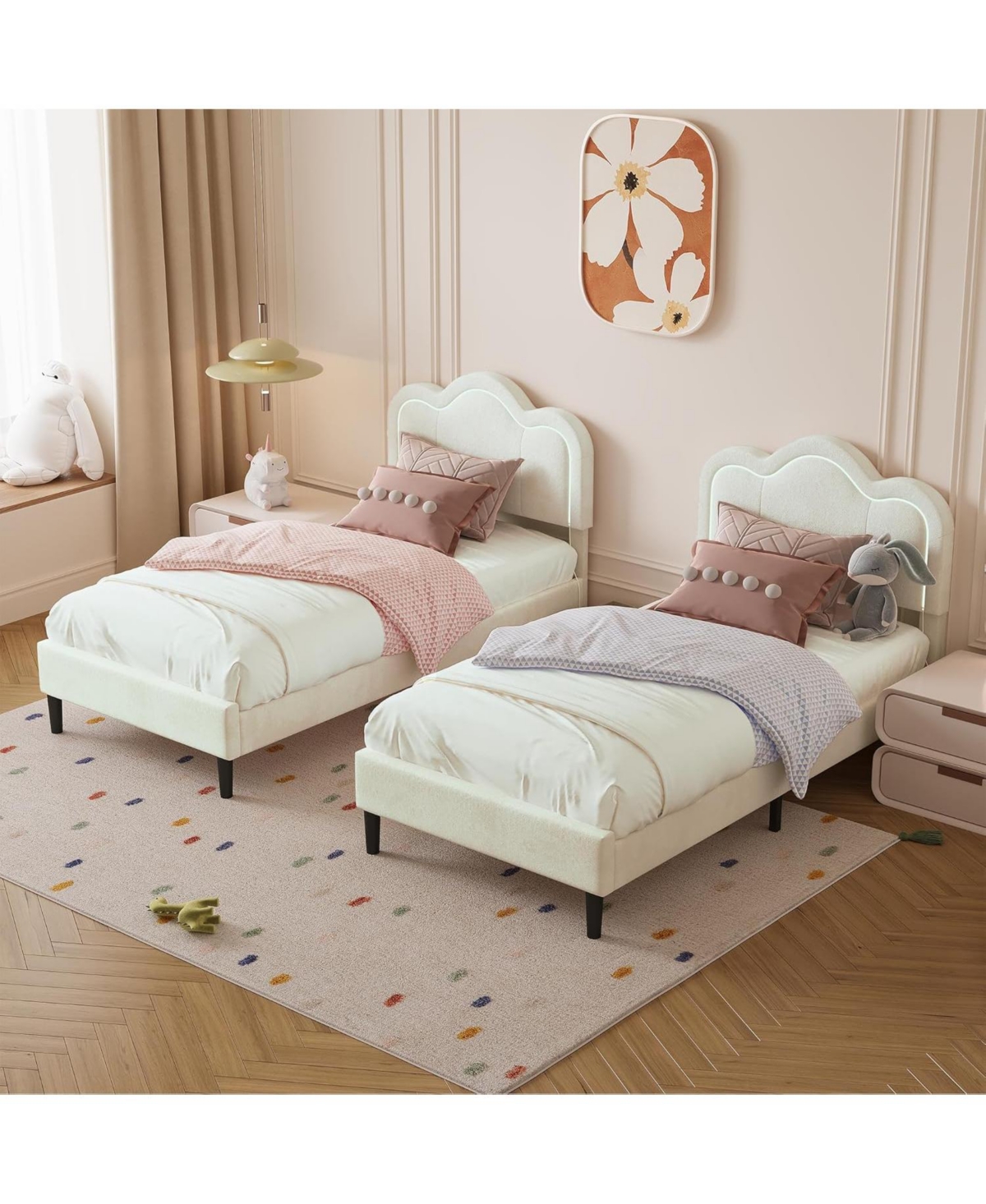 gaomon Twin Smart Led Bed Frame with Adjustable Headboard, Velvet Upholstered Platform for Kids
