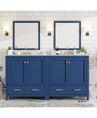 60 Inch Double Bathroom Vanity Set, Freestanding Solid Wood Cabinet with Ceramic Sinks and Soft Close Doors, Modern Storage.