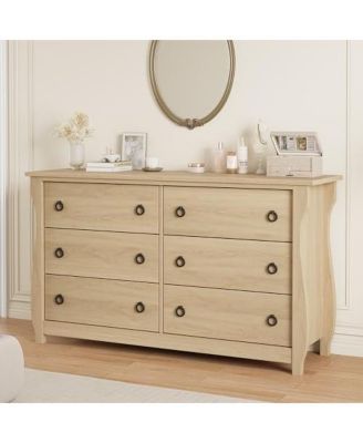 6 Drawer Dresser for Bedroom, Wide Modern Wood Chest with Ring Pull Handles