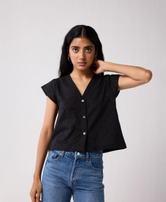 Women's V-Neck Embroidered Top with Front Buttons