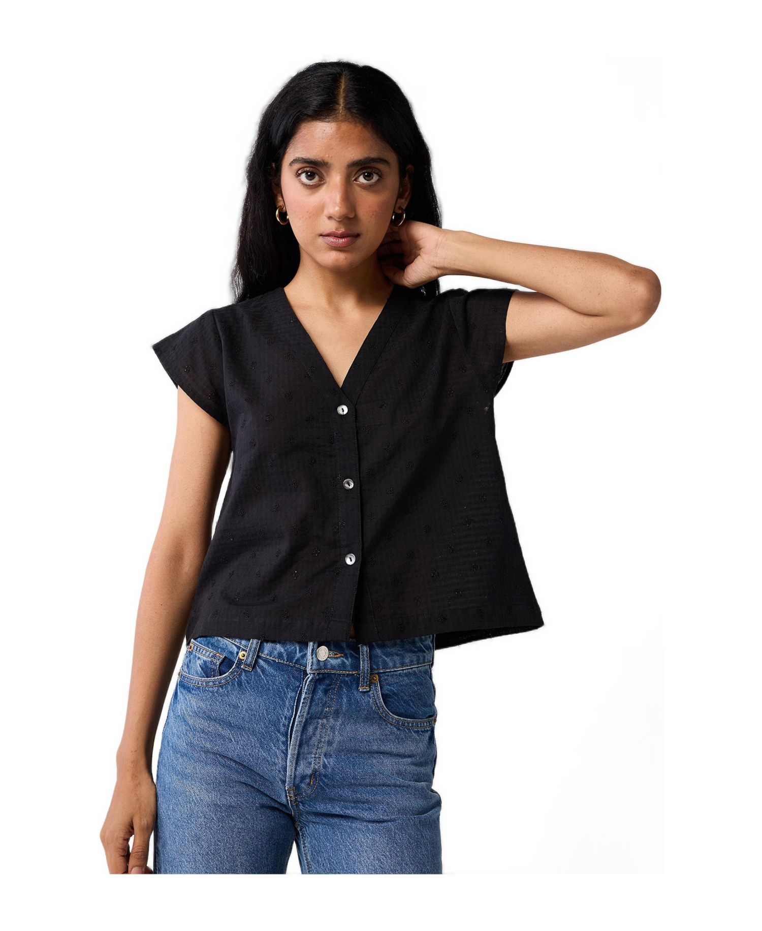 Women's V-Neck Embroidered Top with Front Buttons