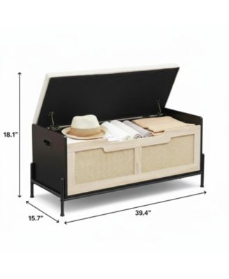 Rattan Storage Bench with Cushion Safety Hinges Shoe Chest for Living Room Bedroom