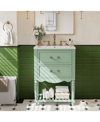 24 Inch Vintage Bathroom Vanity with Ceramic Sink, U-Shaped Drawers and Open Storage Shelf for Small Spaces