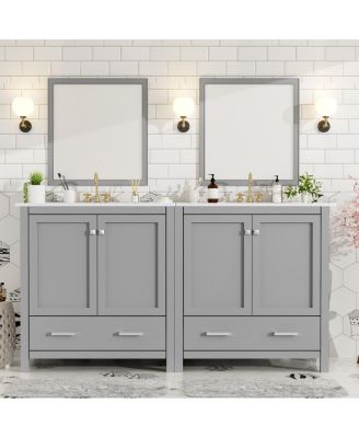 60 Inch Double Bathroom Vanity Set, Freestanding Solid Wood Cabinet with Ceramic Sinks and Soft Close Doors, Modern Storage.