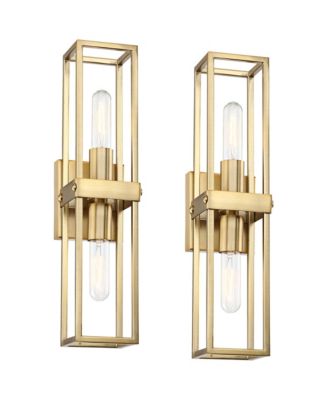 Fabian Modern Wall Light Sconces Set of 2 Warm Brass Hardwired 4" 2-Light Fixture Open Rectangular Frame for Bedroom