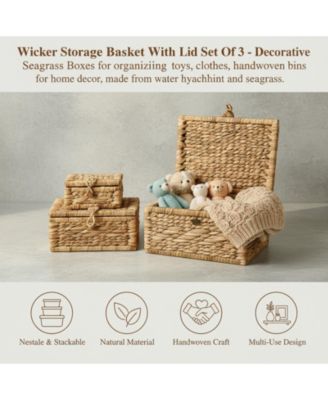 Wicker Storage Basket Set of 3 with Lids Handwoven Seagrass Decorative Organizers for Toys Clothes Home Decor