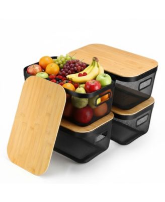 4 Metal Mesh Stackable Baskets With Handles Lids Pantry Organization Storage For Cabinets Shelves Kitchen