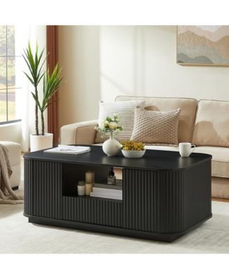 46.5'' Wooden Coffee Table with Fluted Design - Oval Center Table with Drawers, Hidden Storage Cabinets and Open Shelf for Living Room