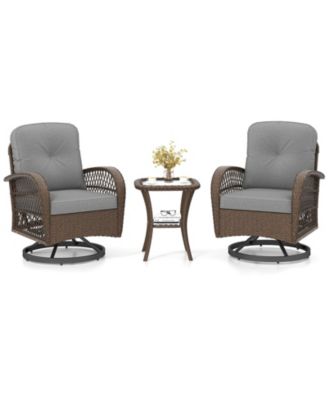 Set Of 3 Patio Swivel Rocker Set Gliding Bistro Furniture Set w/ Tempered Glass Table